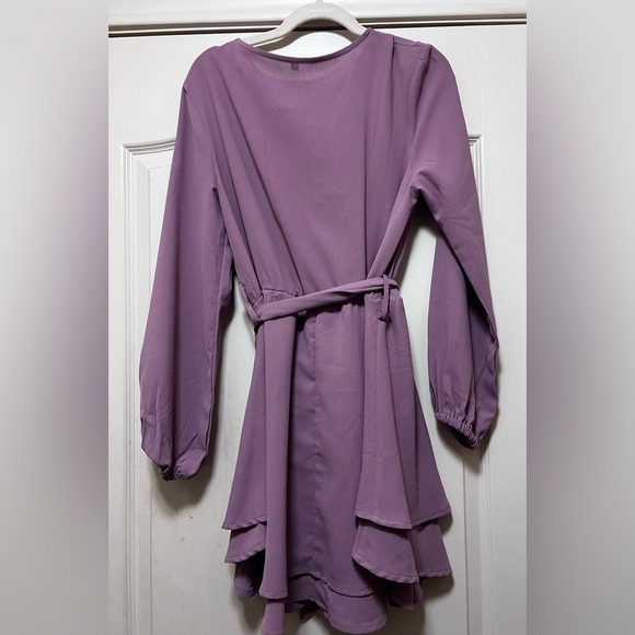 Ferlema Women's Sexy V Neck Ruffle Long Sleeve Tie Waist Swing Mini Wrap Dress - Picture 4 of 5